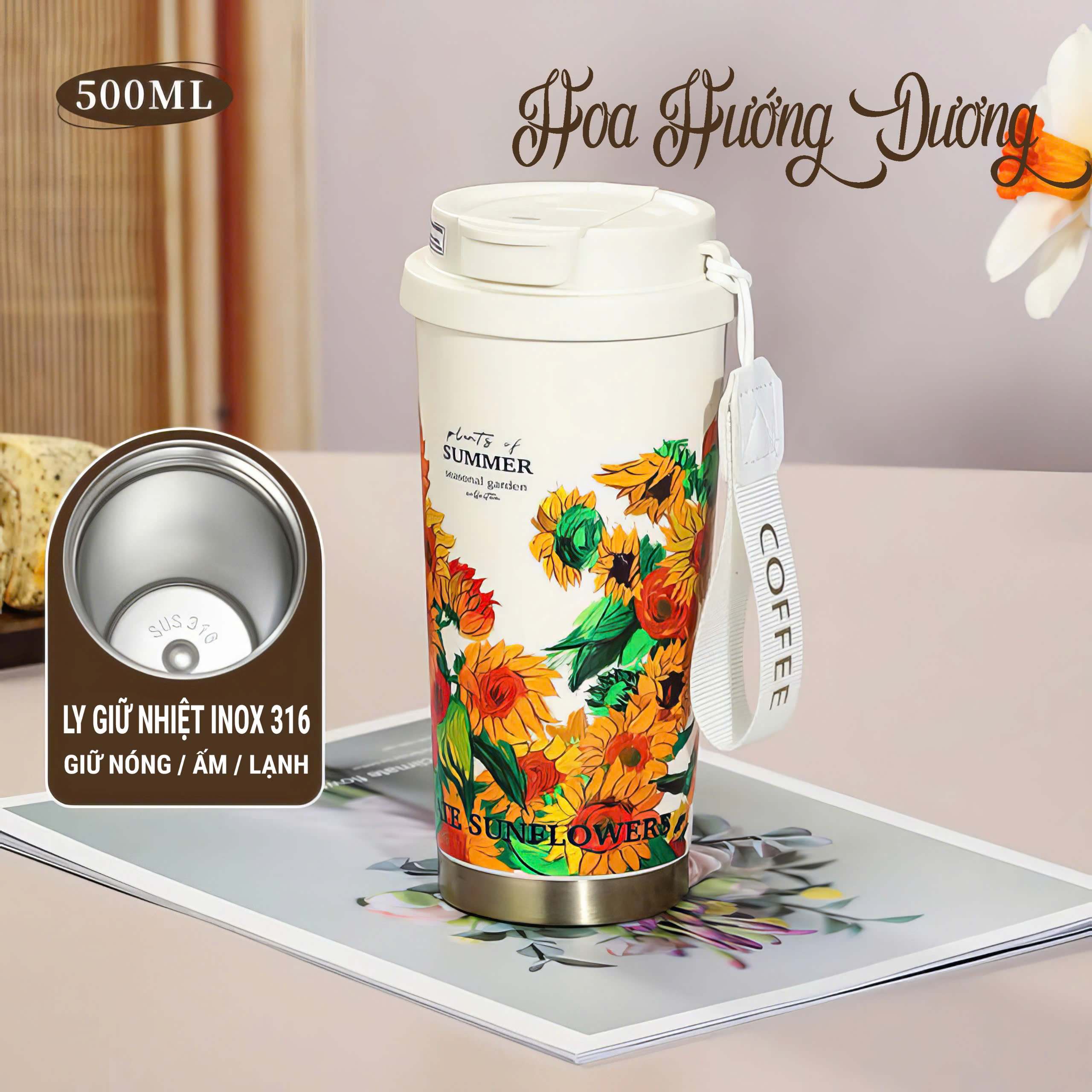 Ly giữ nhiệt inox 316 - Dung tích 500ml họa tiết sang trọng AG508