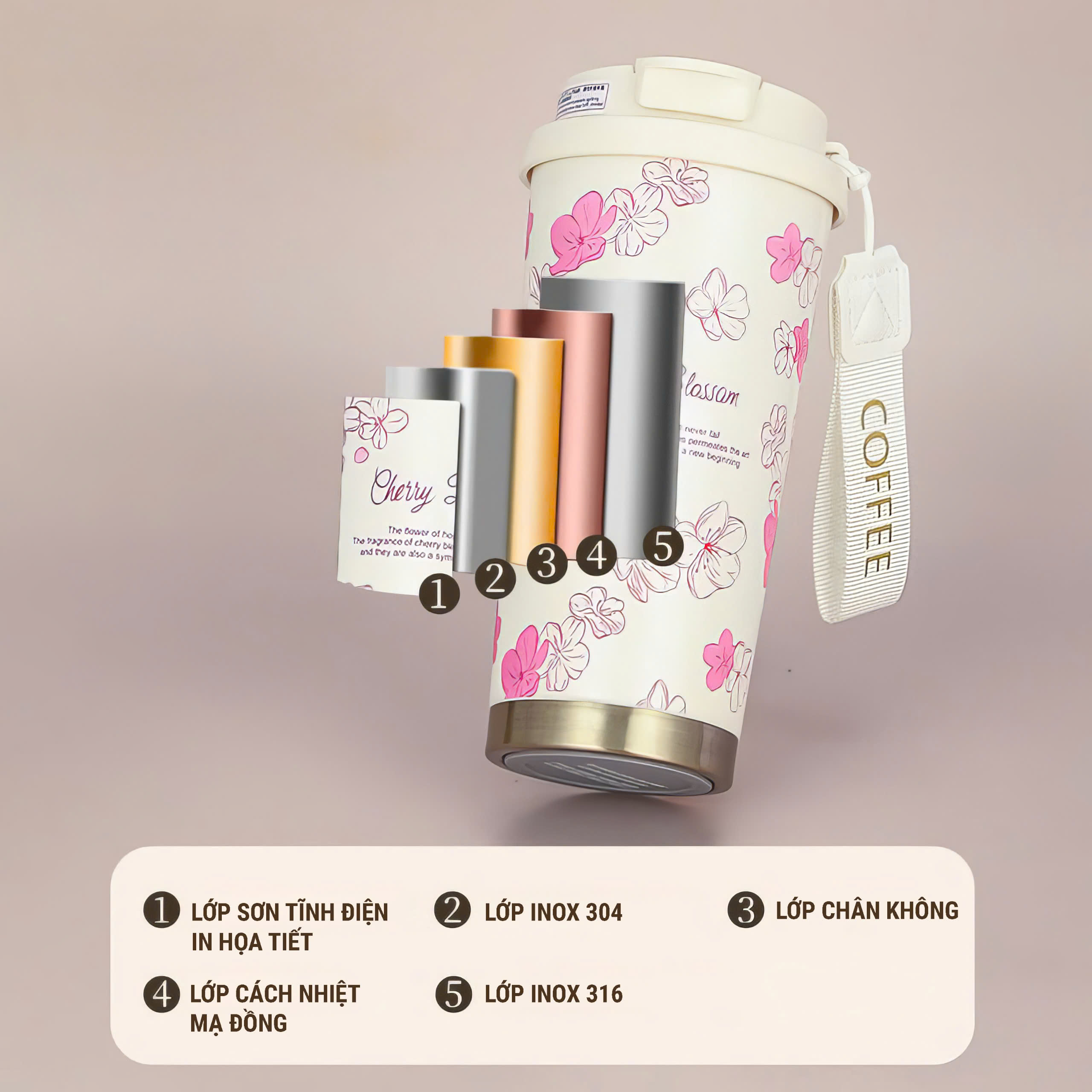Ly giữ nhiệt inox 316 - Dung tích 500ml họa tiết sang trọng AG508