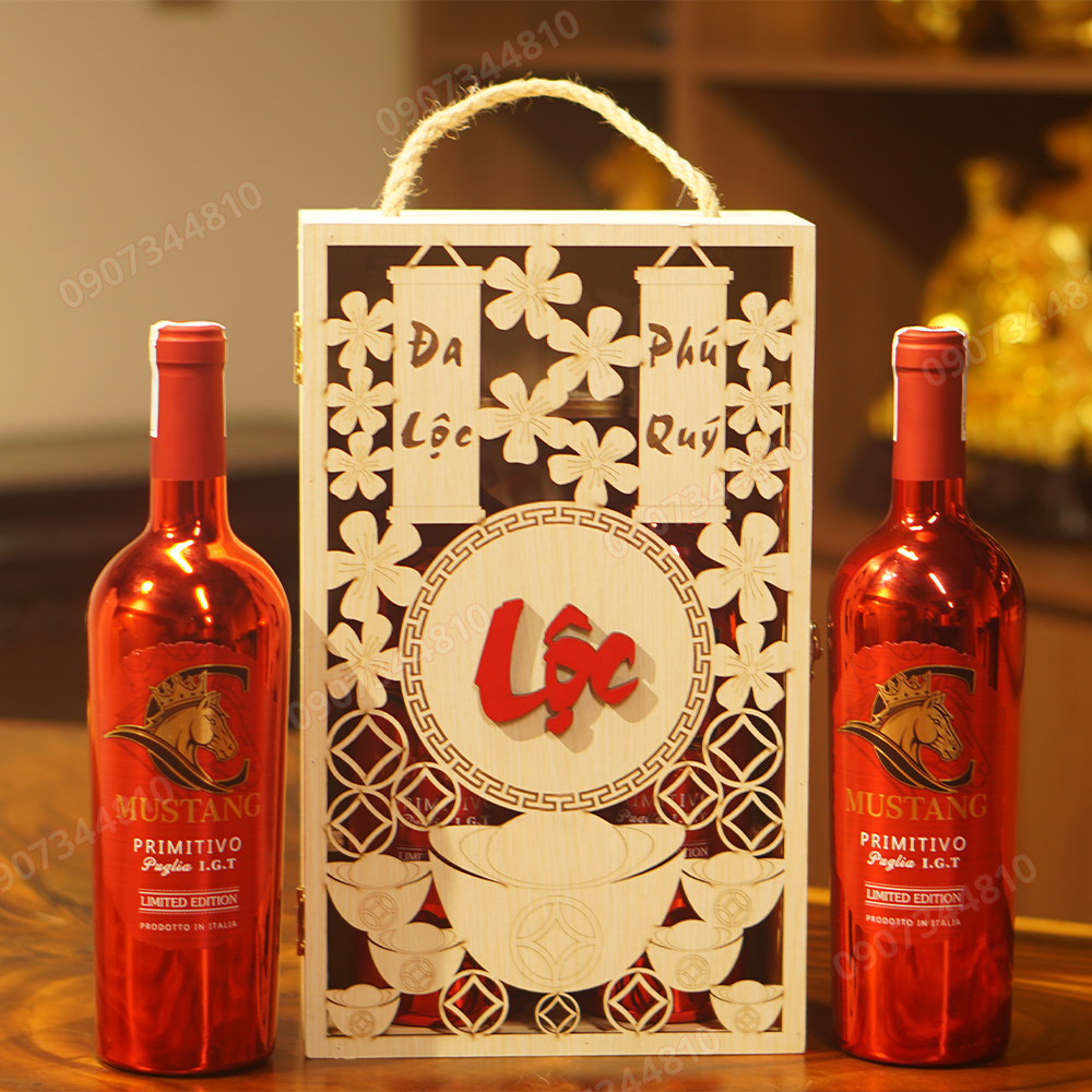 Hộp Gỗ Rượu Vang Đa Lộc Phú Quý Mustang Primitivo 750ml 