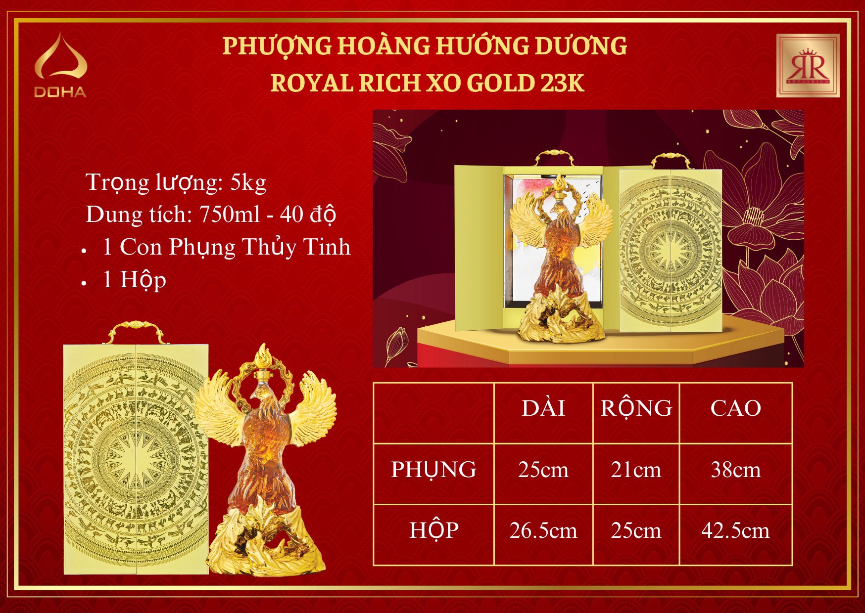 Rượu tết Phượng Hoàng Hướng Dương "Royal Rich XO Gold 23K"