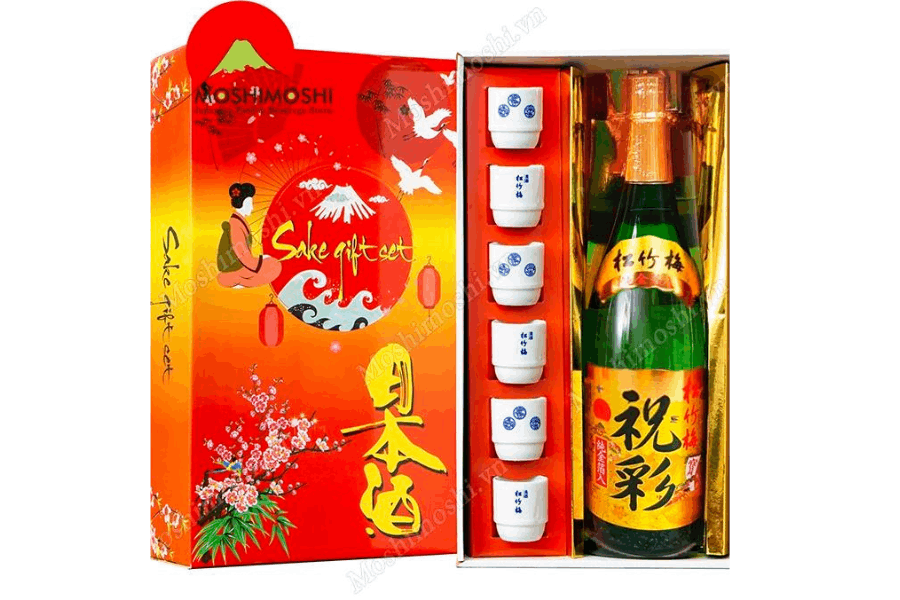 hộp quà rượu sake vảy vàng mặt trời đỏ tặng tết bố mẹ