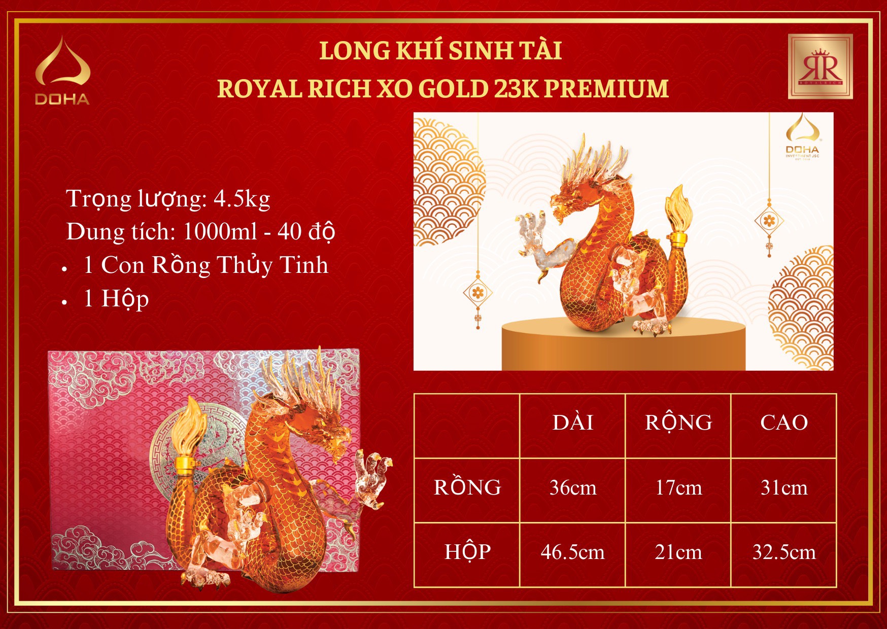 Rượu Rồng Tết Long Khí Sinh Tài - Royal Rich XO Gold 23k Premium