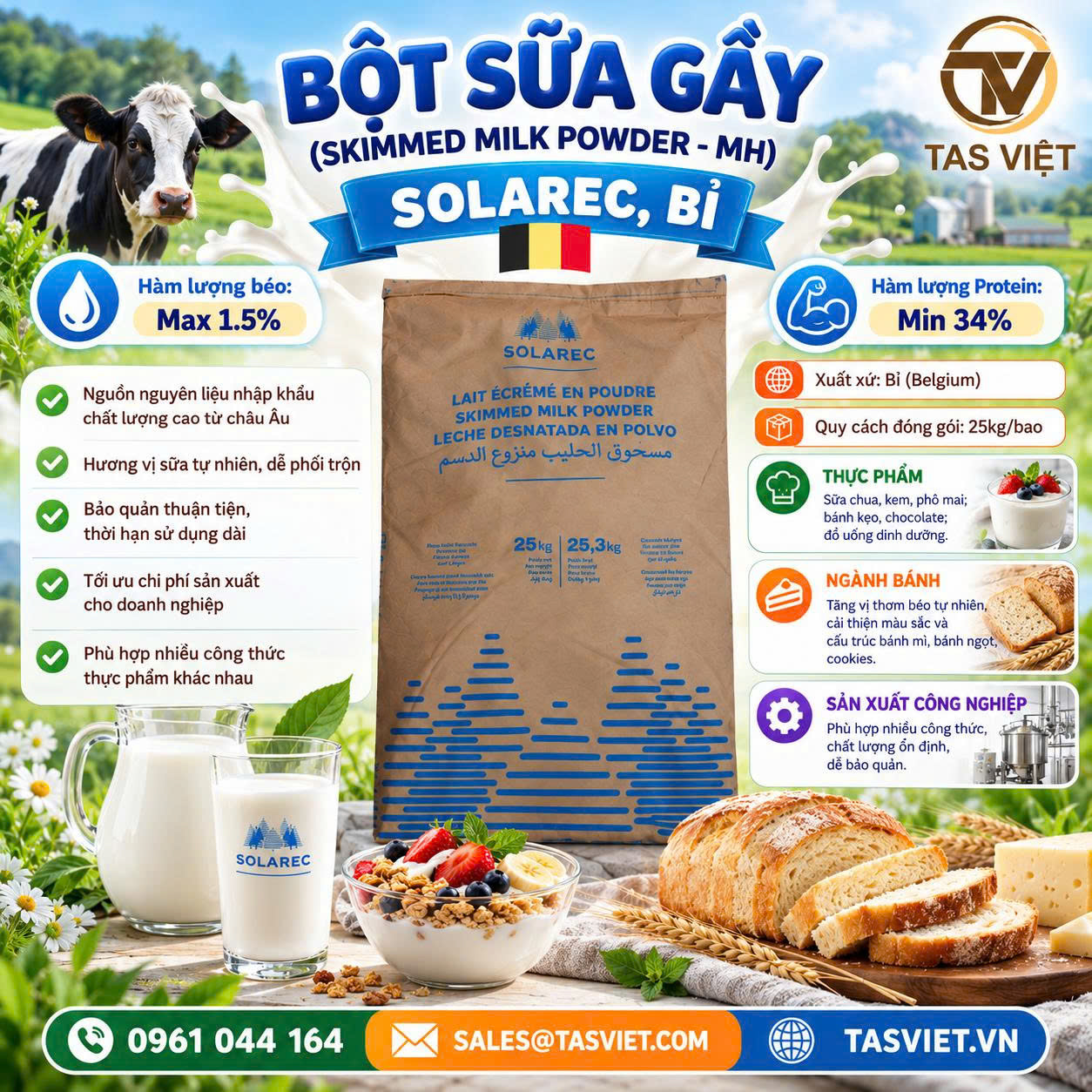 Bột sữa gầy SOLAREC MH – Nguyên liệu sữa nhập khẩu từ Bỉ cho sản xuất thực phẩm