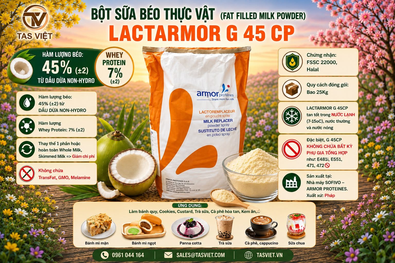 LACTARMOR G 45 CP – Bột sữa béo thực vật 45% từ dầu dừa, giải pháp thay thế sữa bột trong nhiều công thức