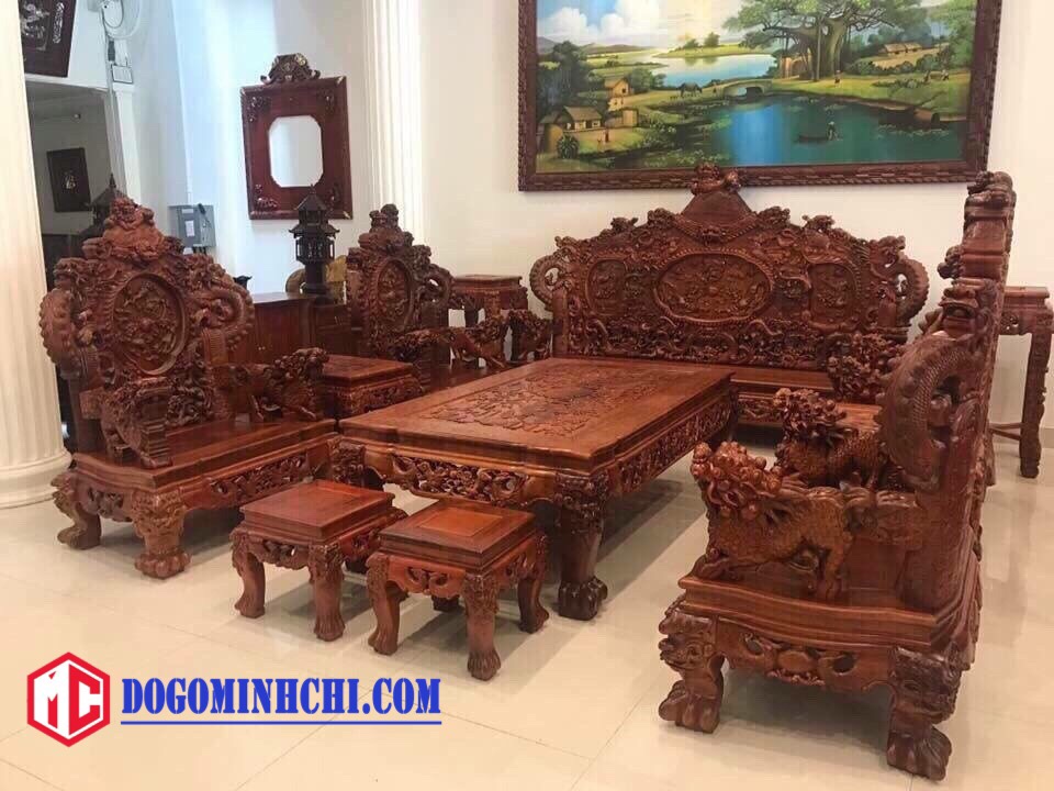 Bộ Bàn Ghế Đỉnh Rồng Nghê Gỗ Hương Vân - Đồ Gỗ Minh Chí Bộ Bàn Ghế Đỉnh Rồng Nghê Gỗ Hương Vân - Đồ Gỗ Minh Chí