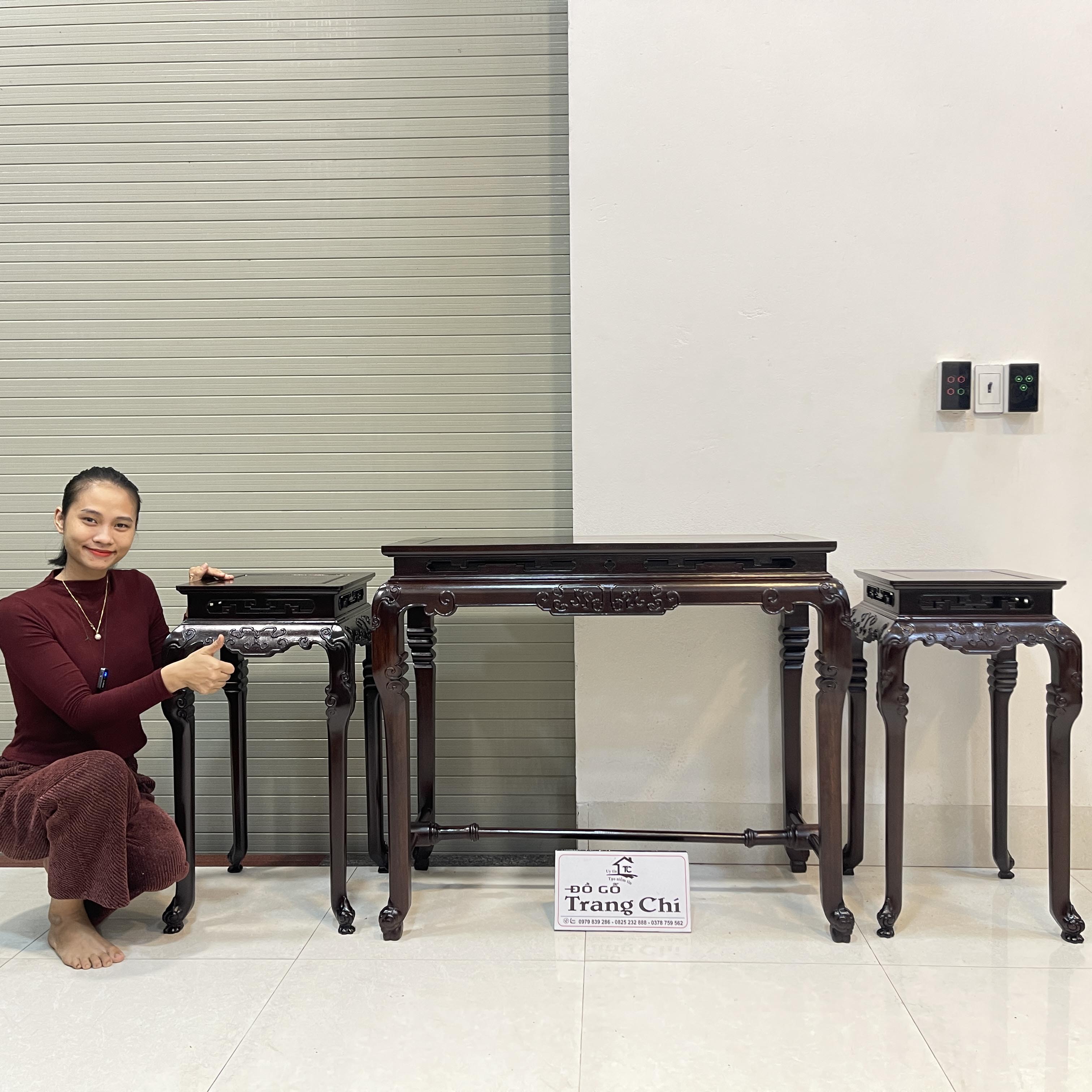 Bộ Bàn Đôn Gỗ Gụ Kê Đồ Sứ Tượng Gỗ