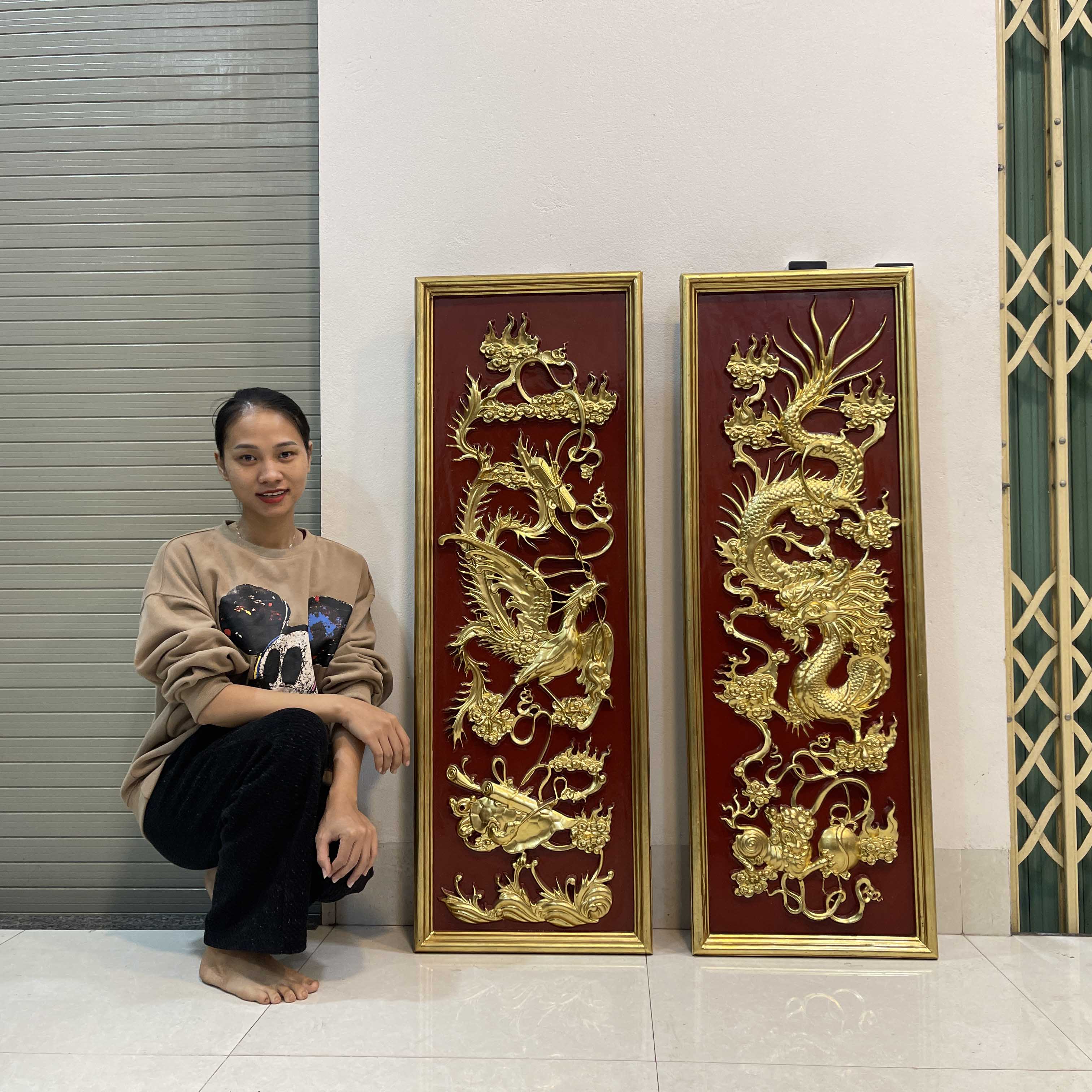 Cặp Tranh Chạm Long Ly Quy Phụng Sơn Thiếc Vàng