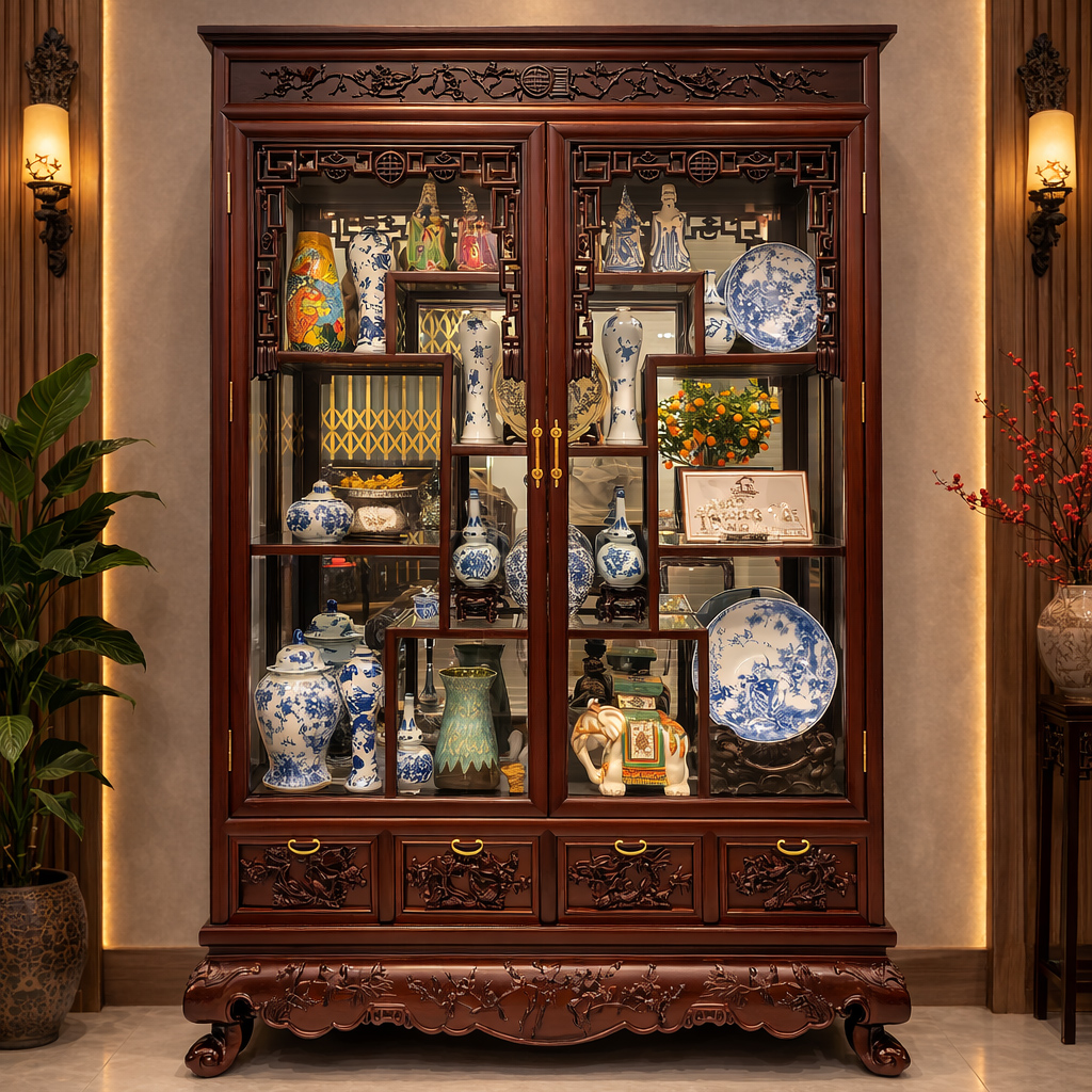 Tủ Bày Đồ To Chạm Bốn Mùa 2m19 x 1m57 x 45 cm