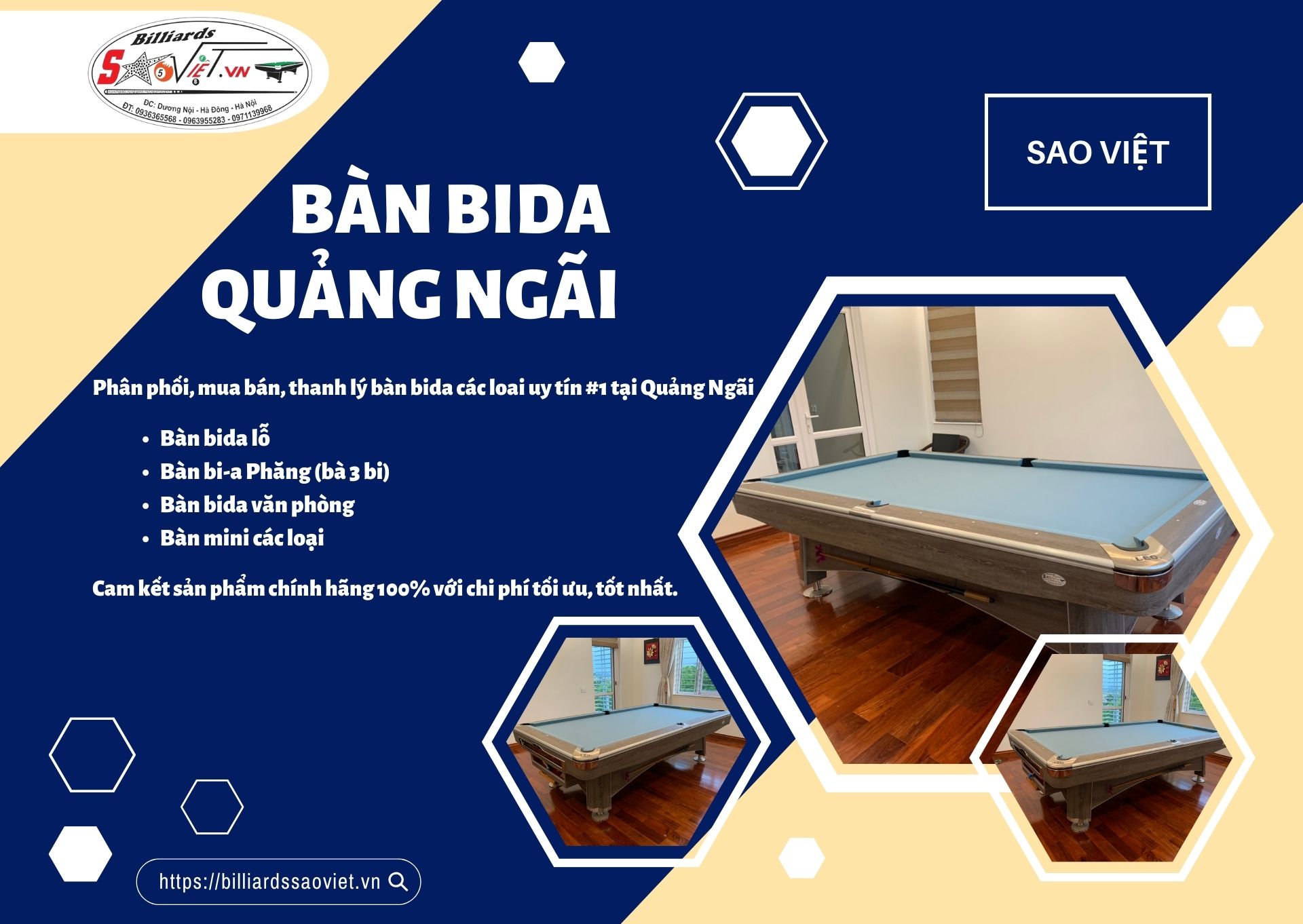 Bàn bida Quảng Ngãi Sao Việt - Cung cấp bàn bida phăng 3 bi chính hãng