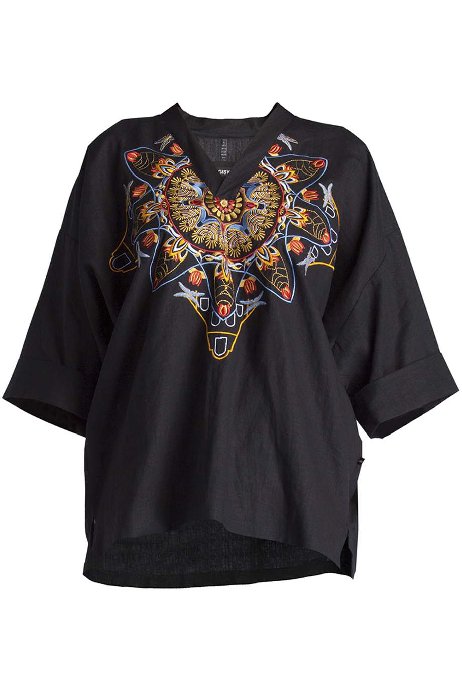 Amsterdam Spring Mandala 45cm Embroidered Linen Kimono Top/ Black