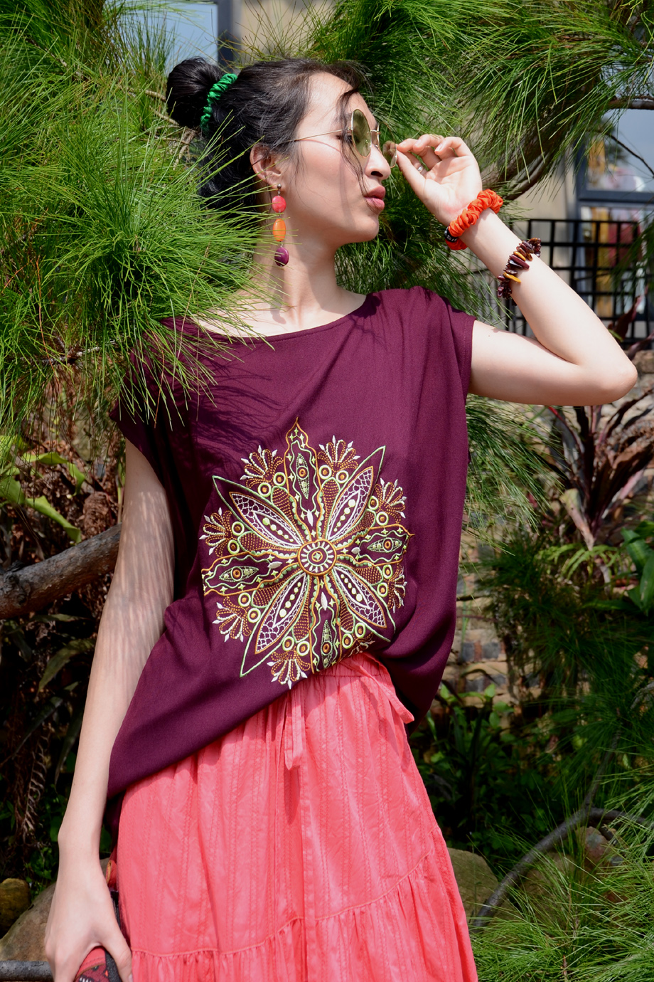Áo kaftan thêu mandala Mộc- Tree Mandala Embroidered  Boat-necked Kaftan Top/ Plum