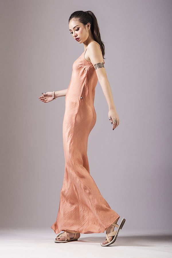 Đầm lụa tơ tằm 100% V-neck Silk Bias Cut Ankle Slip Dress/ Coral