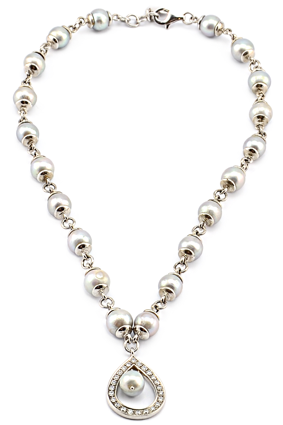 Pearl Silver 925 Crystal Teardrop Necklace 42cm/ Ice Grey
