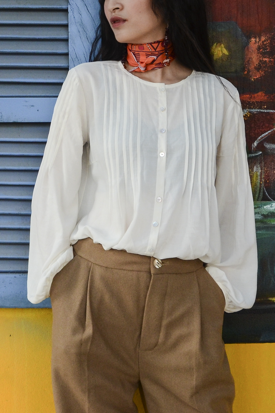 Áo sơ mi Pleated Puff-sleeves Button-up Blouse/ White 2213