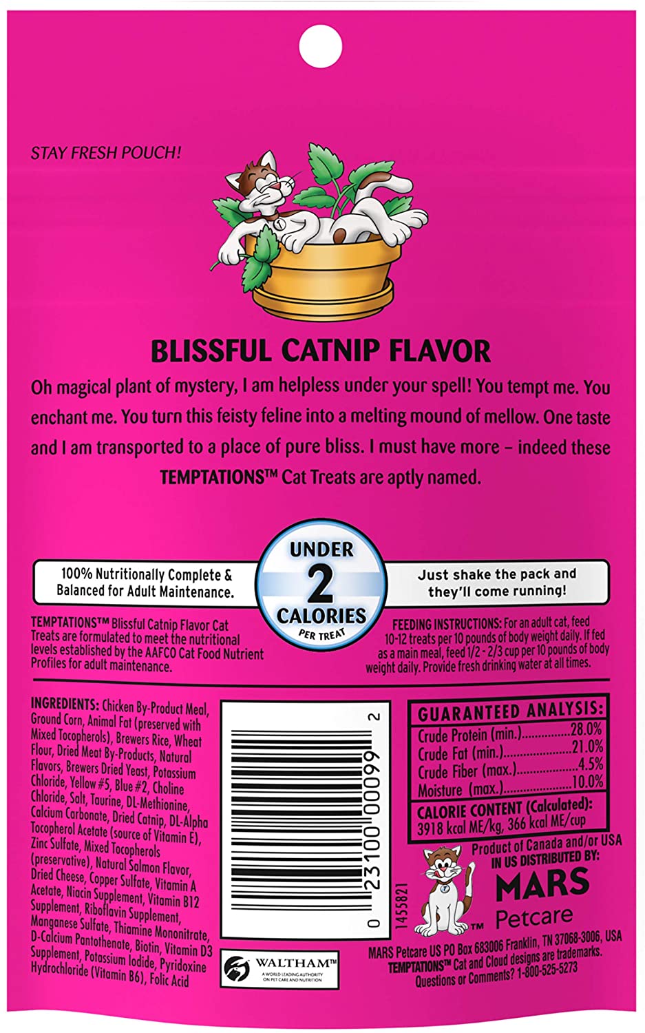 TEMPTATIONS Crunchy and Soft Cat Treats - Blissful Catnip Flavor 85gr