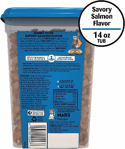 TEMPTATIONS JUMBO STUFF Crunchy and Soft Cat Treats - Savory Salmon Flavor 454g