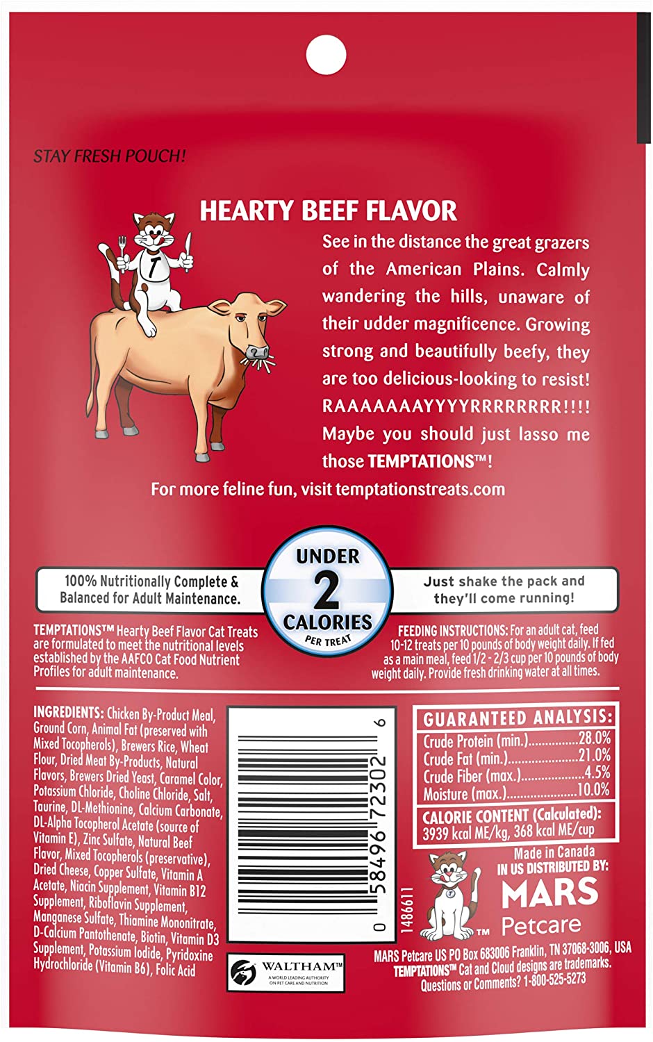 TEMPTATIONS Crunchy and Soft Cat Treats - Hearty Beef Flavor 85gr