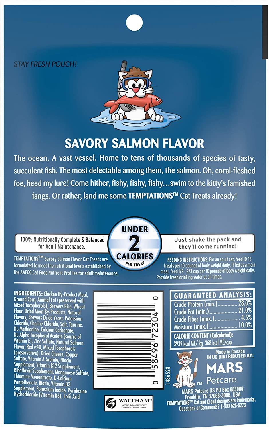 TEMPTATIONS Crunchy and Soft Cat Treats - Savory Salmon Flavor 85gr