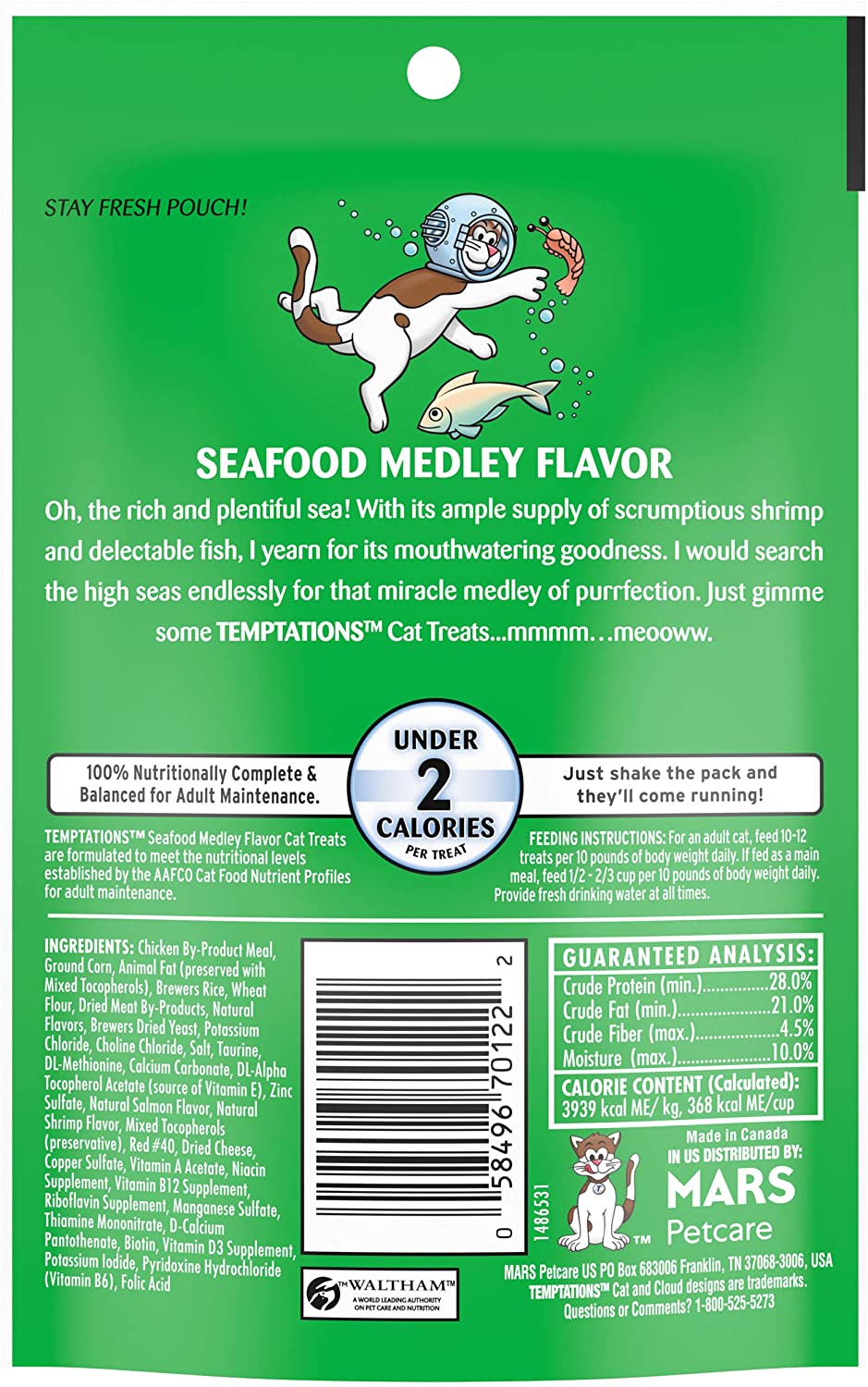 TEMPTATIONS Crunchy and Soft Cat Treats - Seafood Medley Flavor 85gr