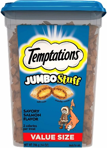 TEMPTATIONS JUMBO STUFF Crunchy and Soft Cat Treats - Savory Salmon Flavor 454g