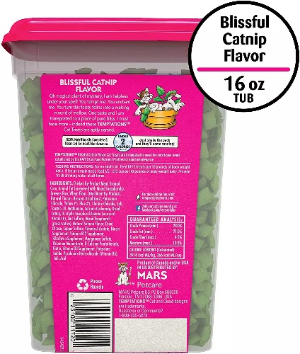 TEMPTATIONS Crunchy and Soft Cat Treats - Blissful Catnip Flavor 454gr