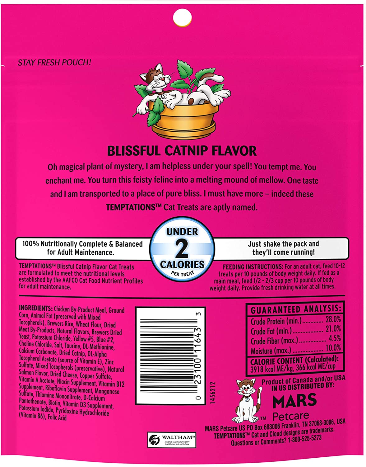 TEMPTATIONS Crunchy and Soft Cat Treats - Blissful Catnip Flavor 180gr