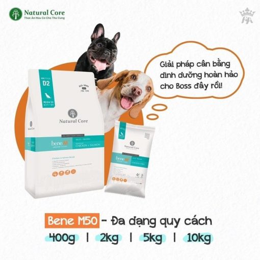 NATURAL CORE BENE D2 M50 CHO CHÓ ÍT VẬN ĐỘNG THỊT GÀ & CÁ HỒI 400G, 2KG