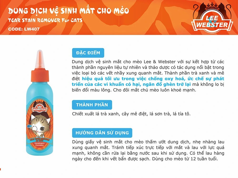 Lee&Webster-Dung dịch Vệ Sinh Mắt cho mèo 130ml