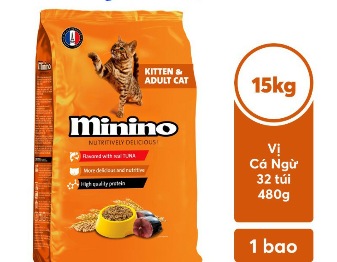 Minino Kitten & Adult 480g, 1.3KG, Bao 15.36kg (32 gói 480g) Vị Cá Ngừ