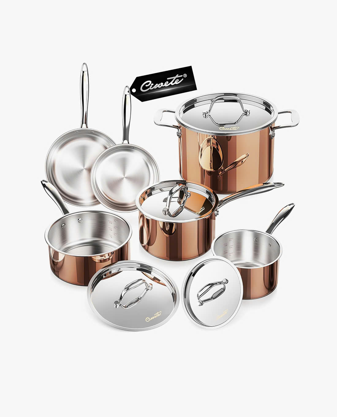 Bộ nồi inox Ciwete set 6 món màu đồng SS1503-11PCNEW (2 chảo chống dính, 3  quánh, 1 nồi)