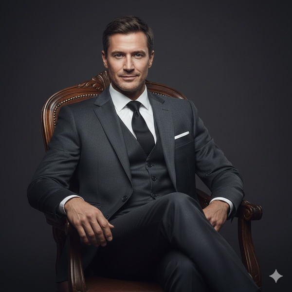 Tạo dáng chụp ảnh vest nam  -  Chân bắt chéo, tay đặt nhẹ lên thành ghế