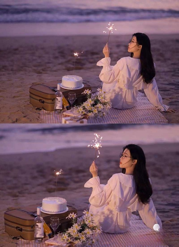 Chụp ảnh sinh nhật ngoài biển với váy trắng