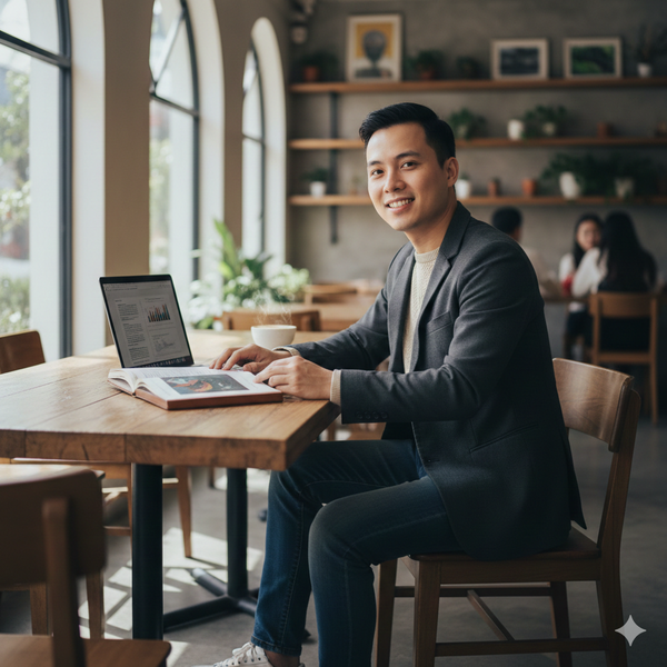 Kết hợp đạo cụ như sách, cà phê, laptop