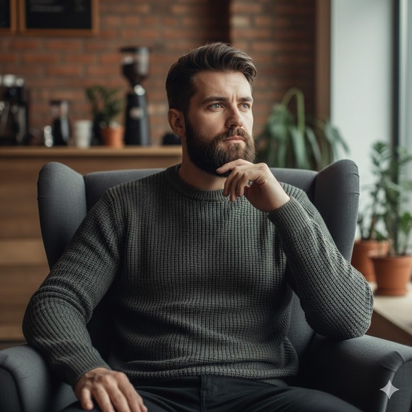 Ngồi tựa lưng ghế, tay chống cằm