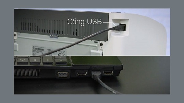 Bạn thực hiện kết nối máy in và máy tính bằng cách sử dụng cổng USB