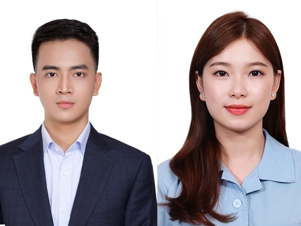 Nền chụp ảnh thẻ màu trắng cho sinh viên với áo màu xanh lam
