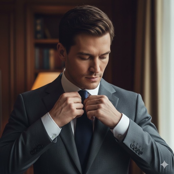 Cận cảnh chỉnh cà vạt: Tập trung vào sự tỉ mỉ của bộ trang phục.