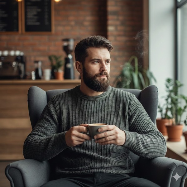 Dáng ngồi cầm ly cafe suy tư