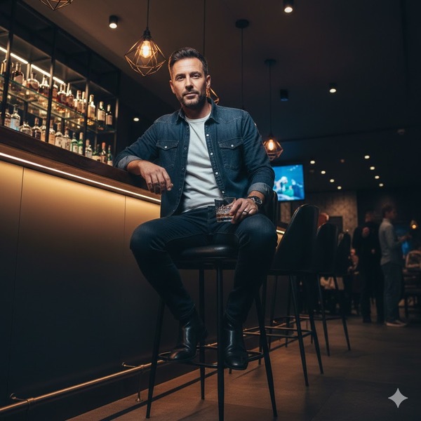 Ngồi trên ghế quầy bar, thả lỏng