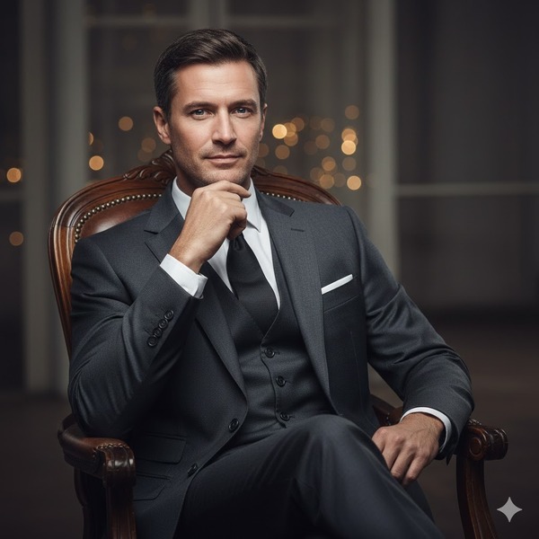 Tạo dáng chụp ảnh vest nam  - Ngồi ghế, tay chống cằm