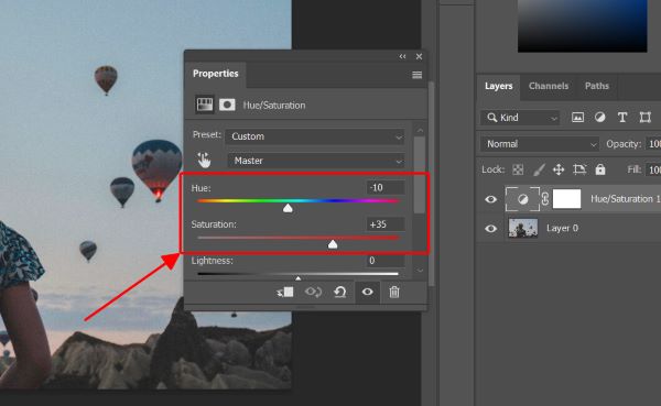 Biểu tượng Panel Hue/Saturation sẽ hiện lên