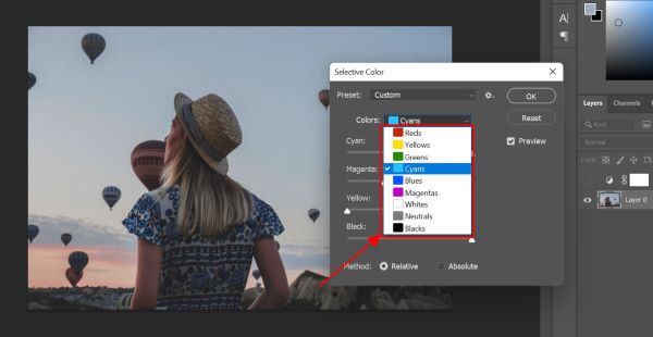 Ngay lập tức hộp thoại Selective Color sẽ xuất hiện