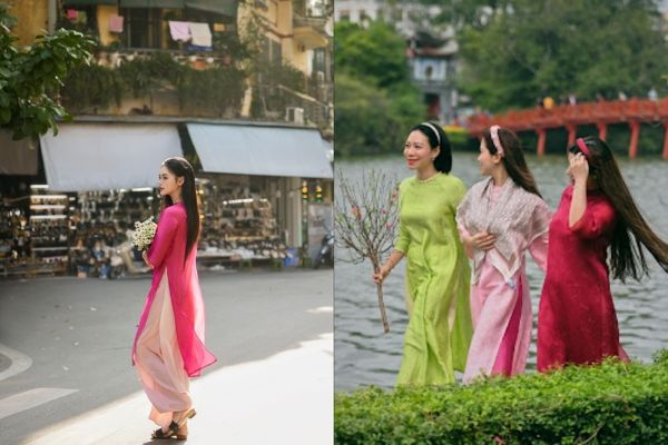 Tạo dáng chụp áo dài tết bước đi chậm, tà áo bay nhẹ