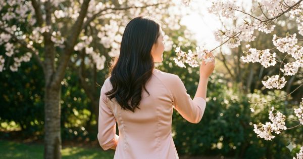 Chụp ảnh từ phía sau dáng đứng nhìn hoa