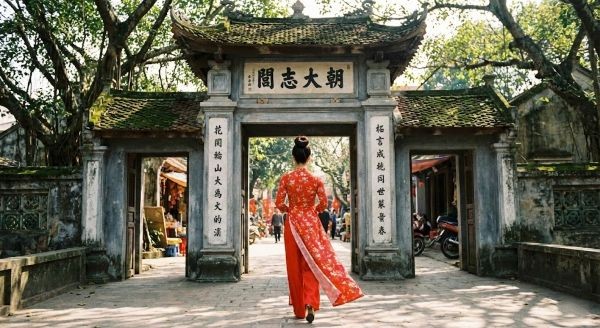 Chụp ảnh áo dài phía sau lưng dáng bước đi chậm