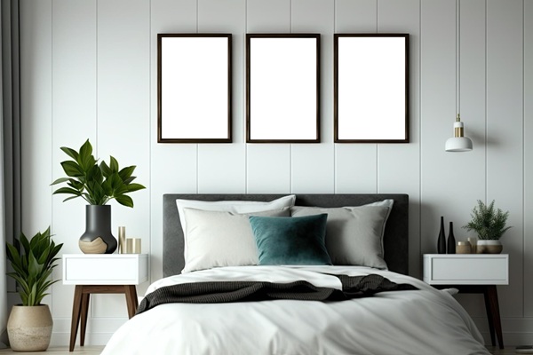 Bộ 3 khung ảnh viền gỗ sáng màu được treo ngang đối xứng phía trên đầu giường