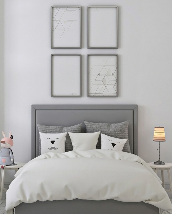 Bộ 4 khung ảnh kim loại xám đối xứng thanh lịch, tô điểm cho phòng ngủ hiện đại