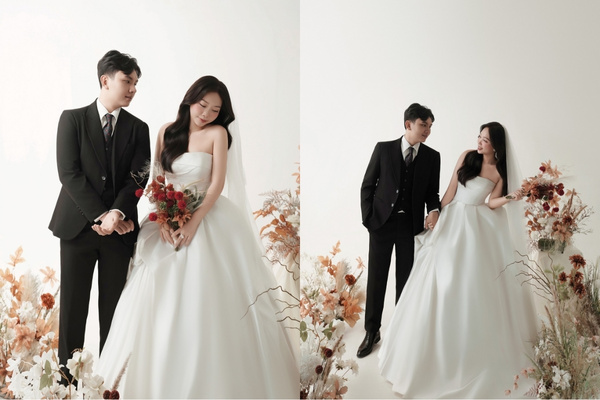 Cặp đôi rạng rỡ trong khung hình phông nền ảnh cưới Hàn Quốc màu trắng tinh khôi