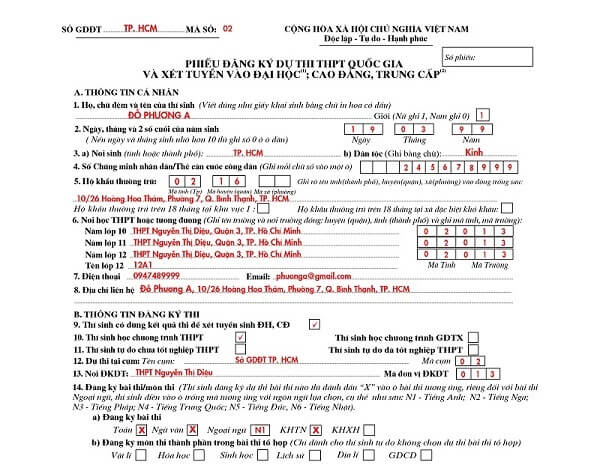 Thông tin cá nhân hồ sơ thông tin đăng ký dự thi