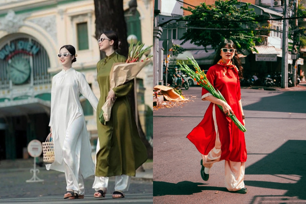 Chỉ cần bước đi tự nhiên, tay cầm hoa tươi là đã có ngay khung hình Tết thanh lịch